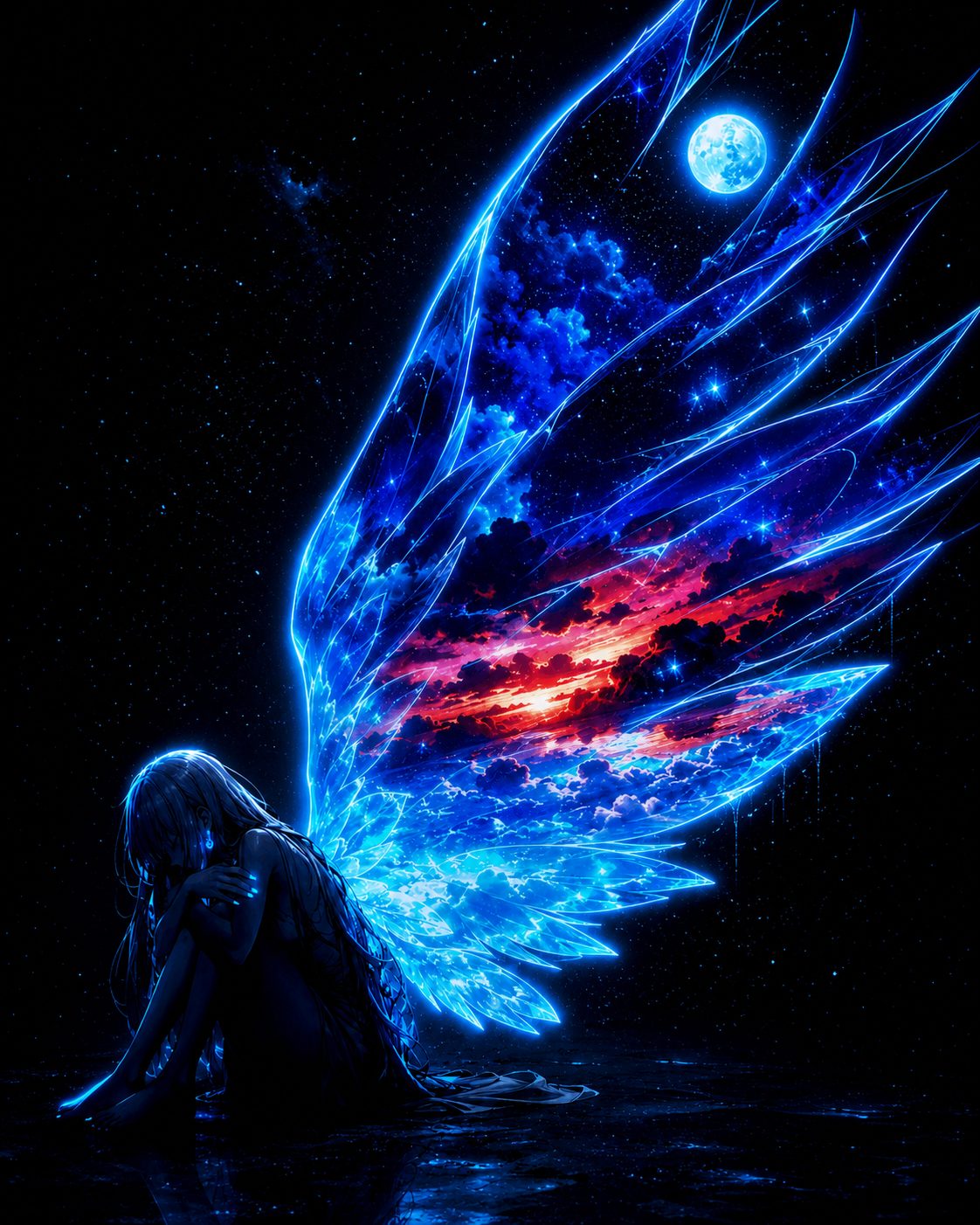 Blue seated figure with a luminous moonlit wing after tap and hold